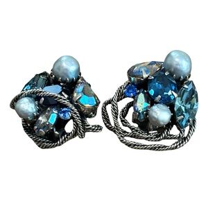Vintage Kramer Blue Rhinestone Cluster Clip Earrings Rope Design 1950s